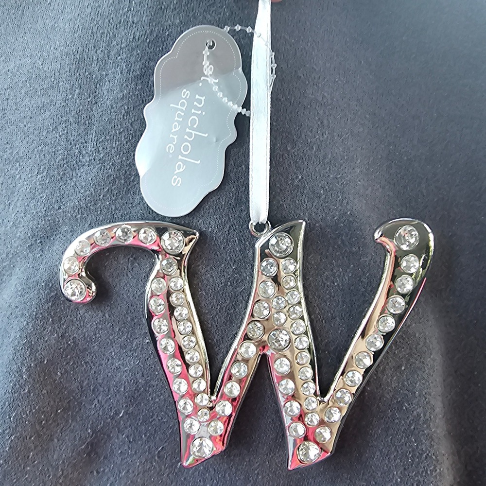 St. Nicholas Square Silver Rhinestone Monogram Letter W Christmas Ornament NWT
